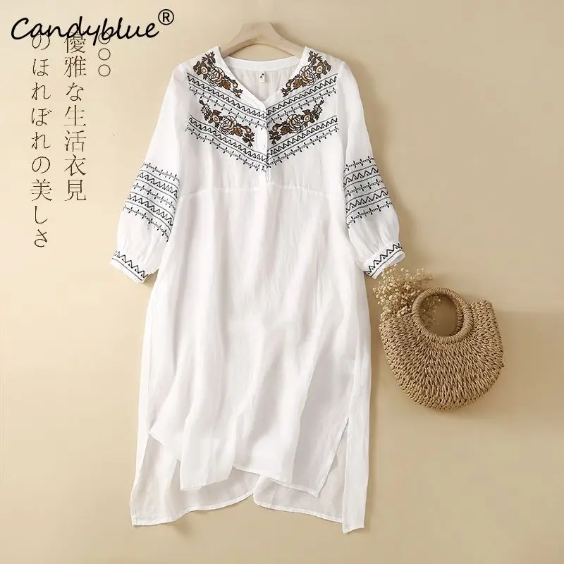 Women Dress 2023 Summer New Cotton Hemp Fashion Vintage Ethnic Embroidery Artistic Temperament V-Neck Dresses Female Clothing