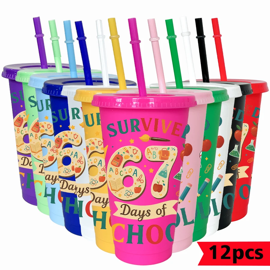 

12Pcs/lot 67 Series School Supplies Digital 26oz Color Plastic Tumbler Birthday Party Drinkware Back To School Water Cup