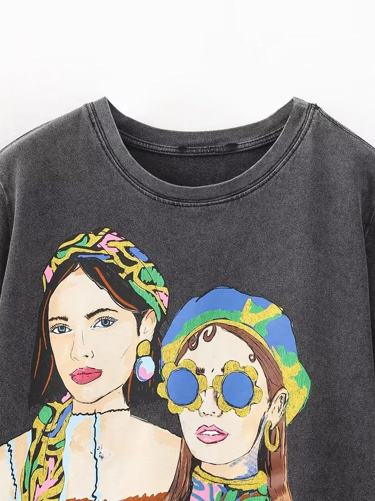 NOVEDAD DE VERANO 20225, camiseta de manga corta con cuello redondo desgastada y estampado Retro versátil para mujer 1131/334