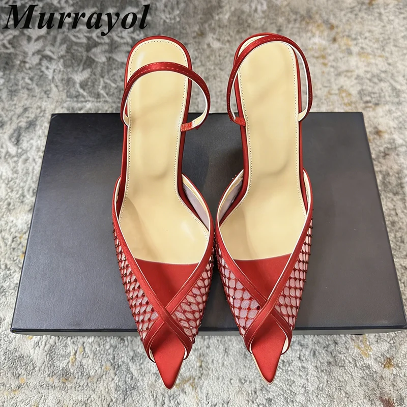 Pumps Pointed Toe Thin High Heels Sandalias Women Bling Rhinestone Decor Back Strap Sandals Spring Summer Party Dress Shoes