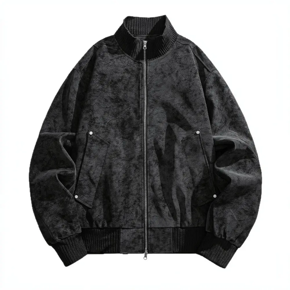 Mens Stand Collar PU Leather Jacket Casual Fashion Outerwear Retro Style Autumn Spring Loose Fit Trendy Streetwear Coats
