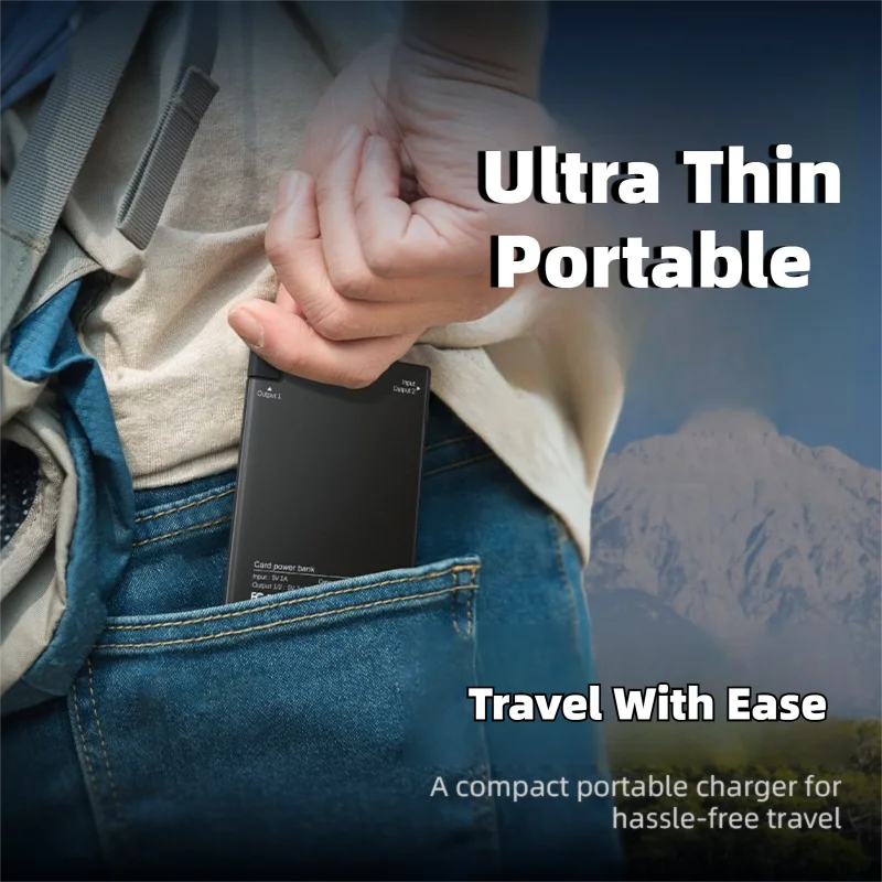 초슬림 휴대용 보조배터리 5mm 2650mAh 경량 포켓 충전기 (내장형 타입C & AP 케이블 포함, 고속 충전)