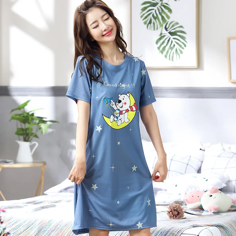 Summer Women\'s Nightgowns With Chest Pad Short Sleeve Knited Cotton dress M-4XL Sleepwear Cute Cartoon Sleepwear