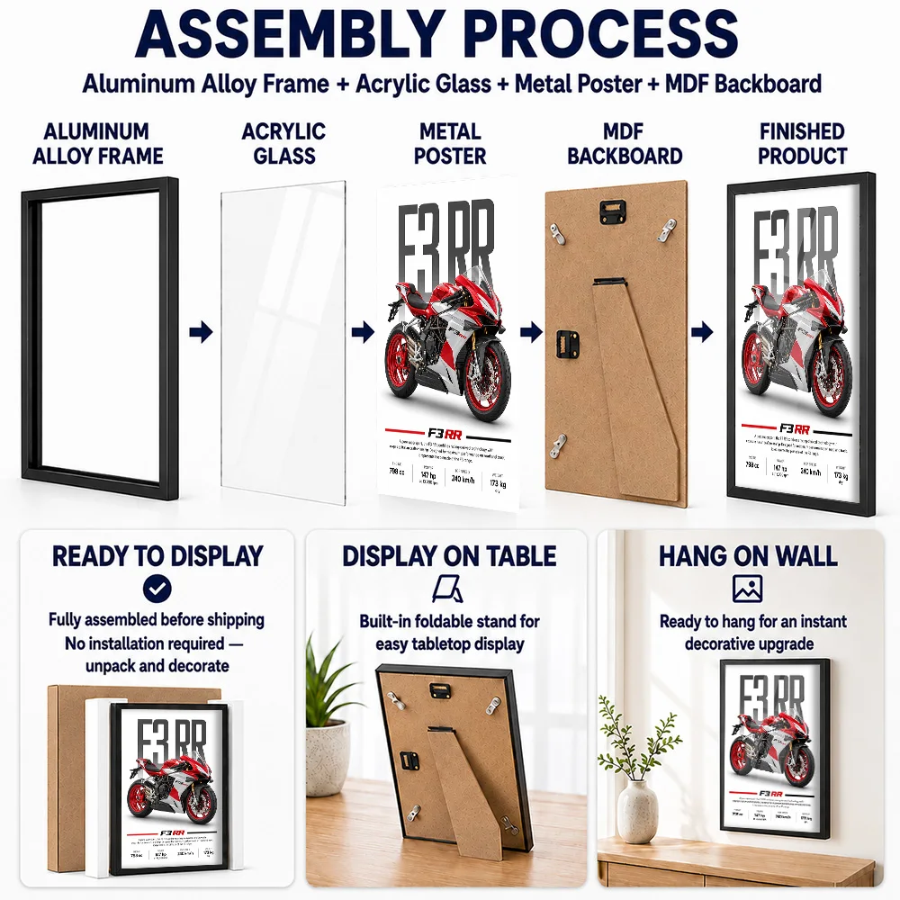 Italian F3 RR Pearl Shock Red And Ago Silver Motorcycle Framed Metal Poster Personalized Track Performance Wall Art For Garage
