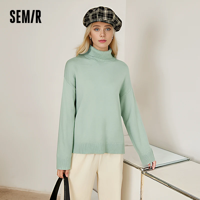 Semir Knitted Sweater Women 2024  Lantern Sleeve Basic Commuting Spring Winter New Solid Color Slit Loose Sweater for Women