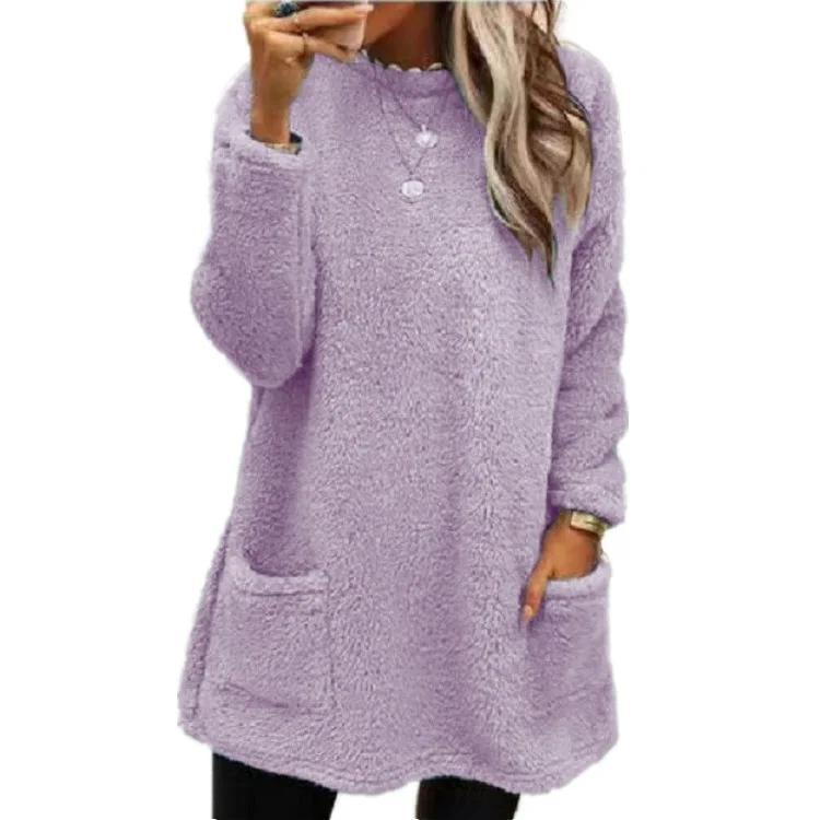 2026 New Women Long Plush Hoodie Tops Fashion Solid Color Long Sleeve O-Neck Pocket Soft Loose Comfortable Casual Plush Sweater