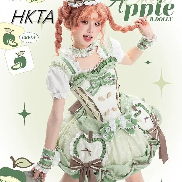 Lolita Kant Boog Taille Groene Jarretel Jurken JSK Vrouwelijke Zoete en Leuke Zomer Slim Fit Vliegende Mouwen Korte Bud Jurken Vrouwen