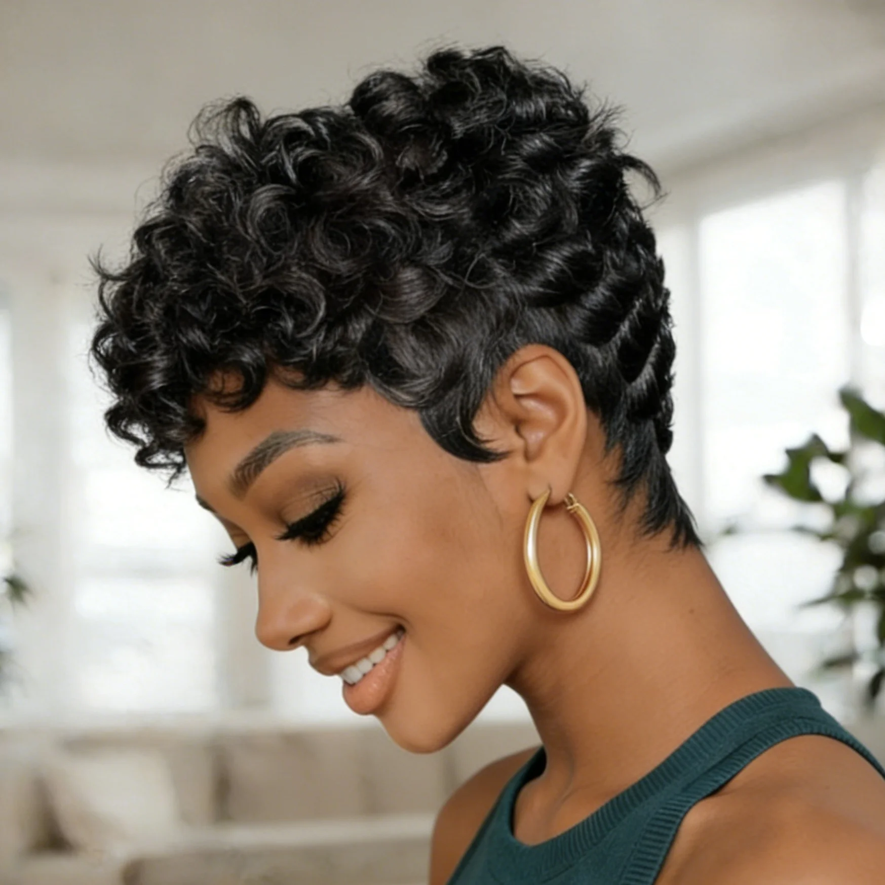 

Pixie Cut Wig Curly Brazilian Human Hair Wigs Natural Black Short Bob With Bangs for Women full Machine Made Wig