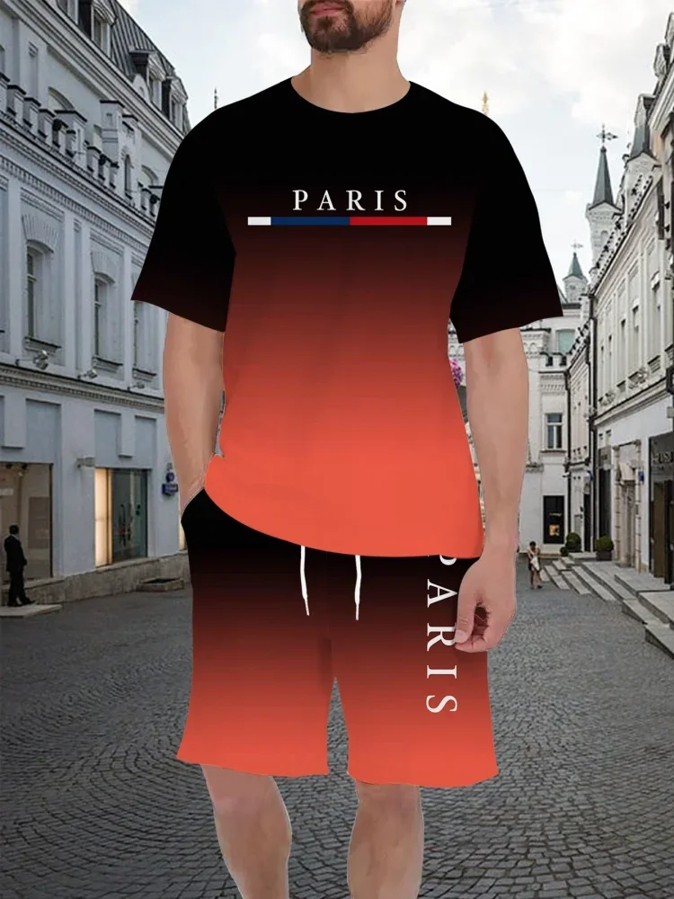 

Men's Summer Set New Loose Size Paris Letter Pattern Printed Casual And Comfortable Round Neck Short Sleeve Y2k T-shirt Y2k Tops
