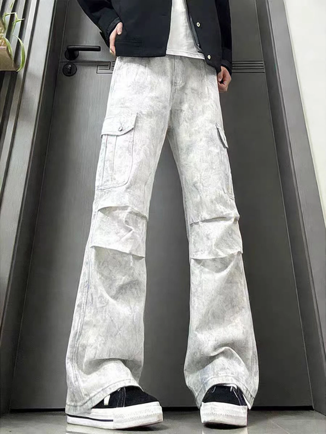 

American Workwear Dyed White Jeans Men's Straight Folded Paratrooper Pants High Street Slim Straight Pants Casual Wear