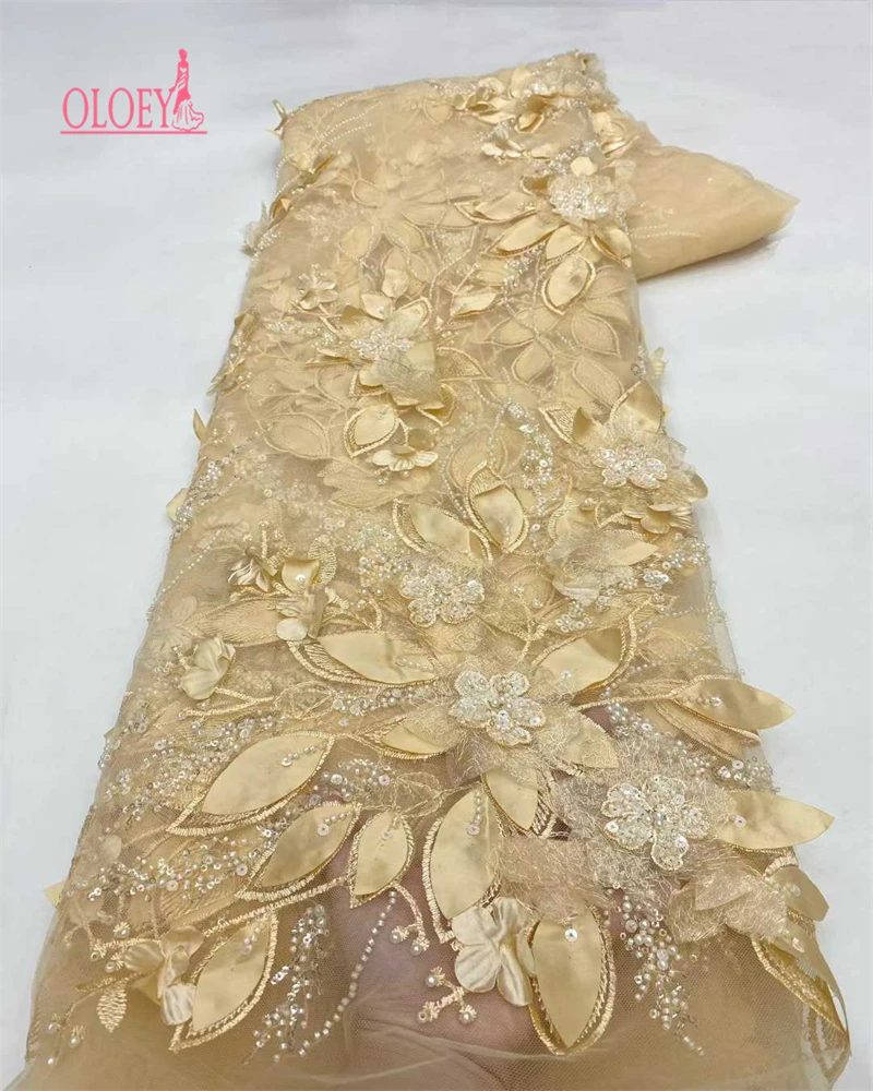 OLOEYGold African Tulle Lace Fabric 2025 French Net Sequins Fabric Sewing Embroidery With Beads Lace Tulle Mesh Nigeria Dress