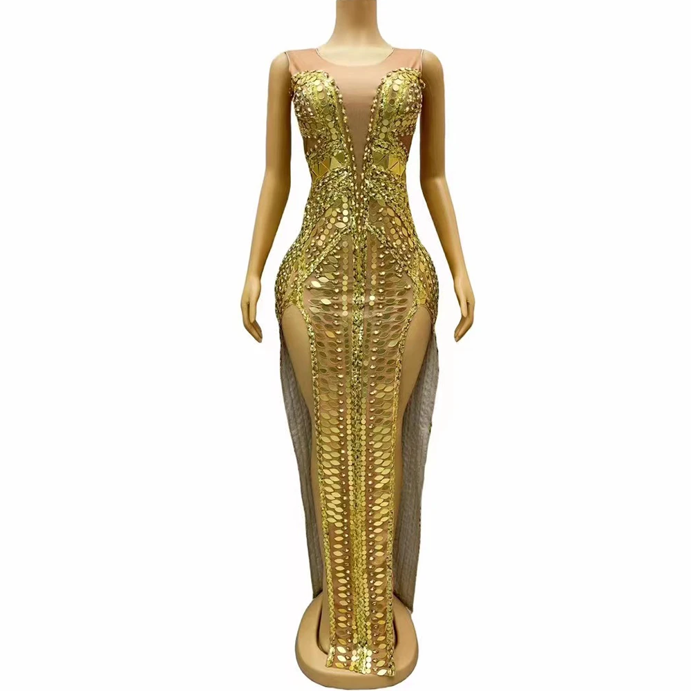 

Sexy Shining Sequins Gold Mirrors Rhinestones Split Sleeveless Dress Evening Fancy Festival Costume Singer Photoshoot Outfit