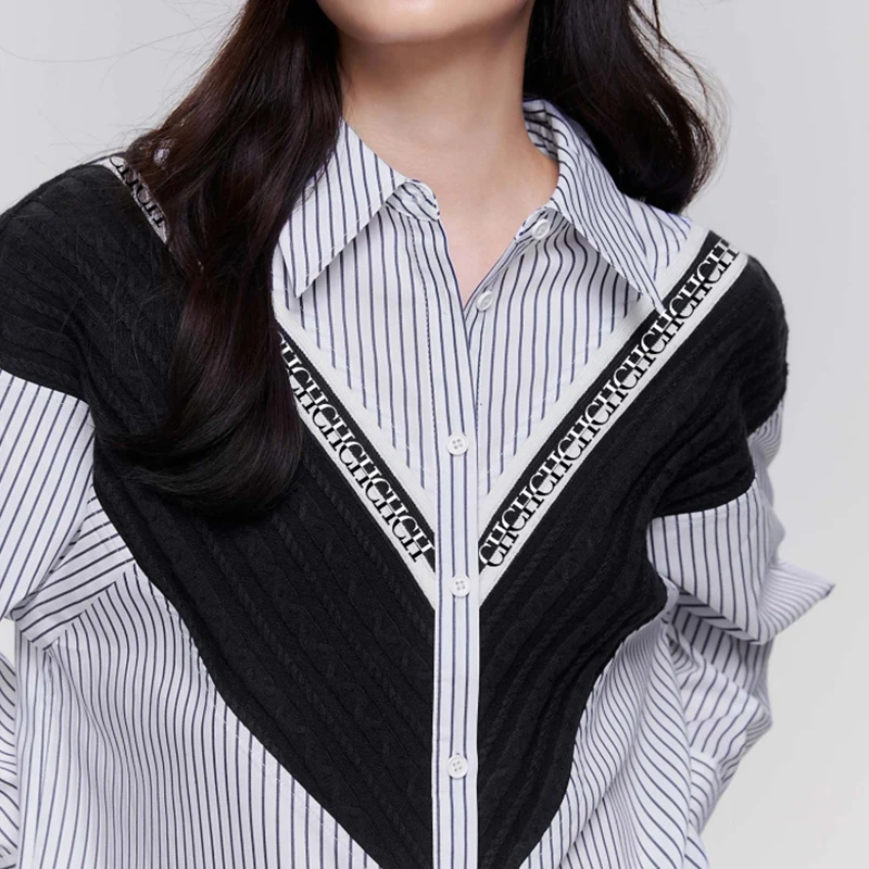 2024 Women\'s Shirt High-End Elegant Commuting Office Women\'s Shirt with Patchwork Stripes Loose Casual Ladies Fashion Shirts