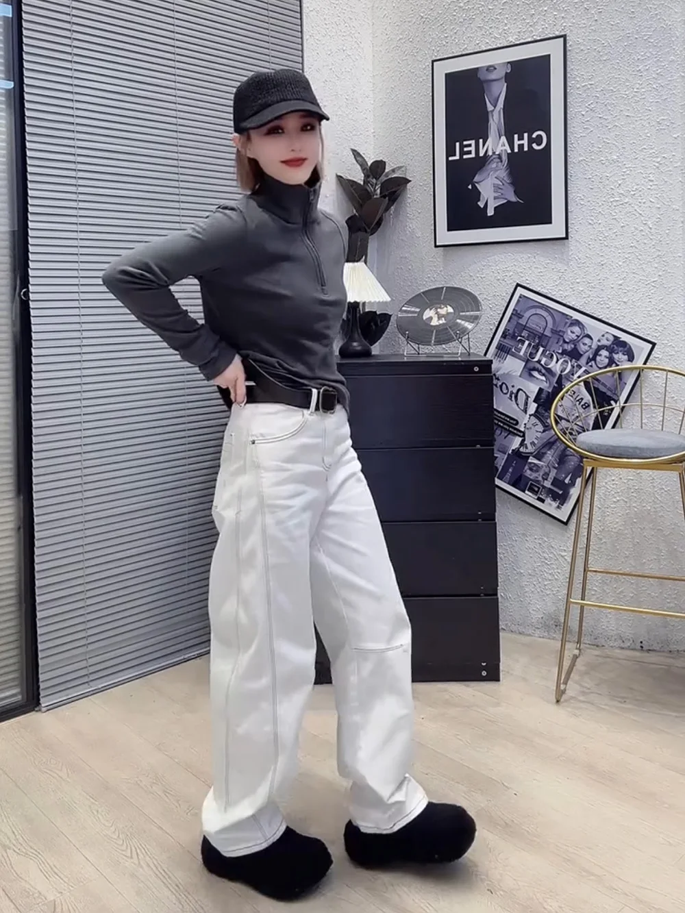 

American Sle High Waist Fce Lined Thiened White Wide Leg Jeans Women's Loose Fit Bootcut Denim Pants Winter Collection