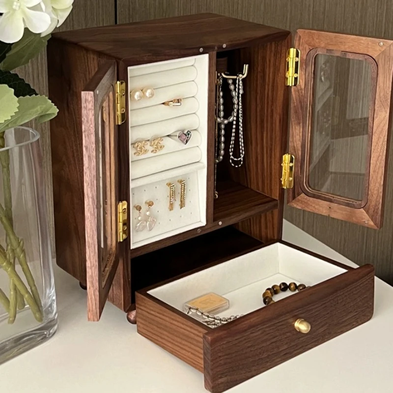 

Solid Wood Jewelry Organizer Vintage Multi-Layer Drawer Storage for Earring Necklaces Rings Elegant Wedding Gift Decorative Case