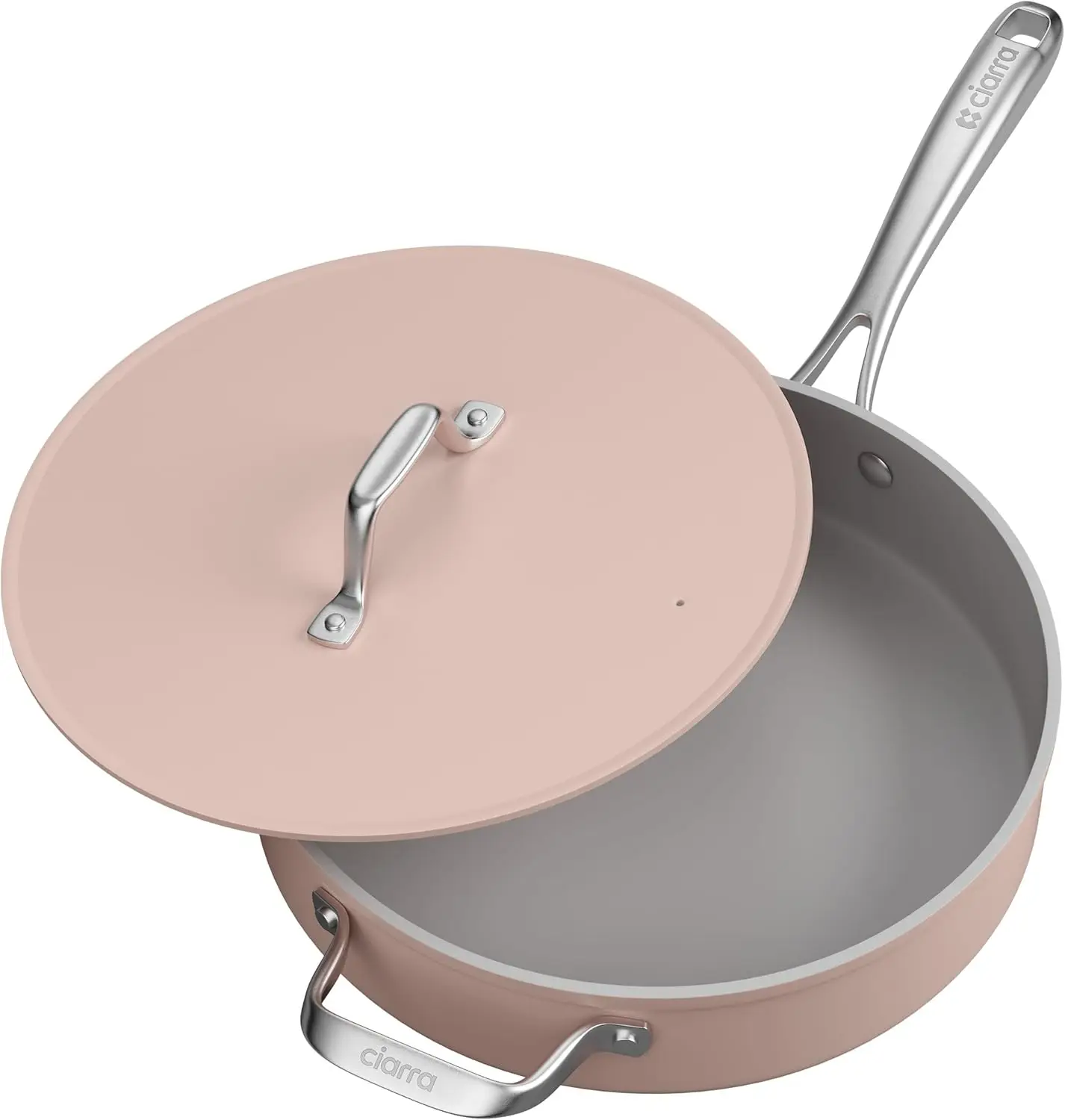 

Nonstick Saute Pan, 4.4 QT Ceramic Saute Pan with Lid, Non Toxic Deep Frying Pan, PTFE & PFOA Free, Oven Safe & Compatibl