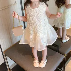 Summer Elegant Fashion Harajuku Slim Fit abbigliamento per bambini allentato Casual All Match Princess Dress Solid O Neck abiti senza maniche