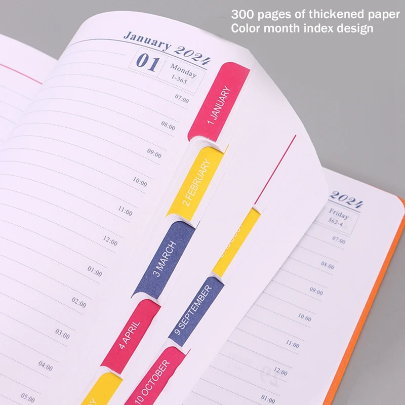 تقويم مخطط الجيب 2024، مخطط شهري أسبوعي مع جيب، إغلاق مرن، صفحات الملاحظات، علامات تبويب شهرية متينة برتقالية