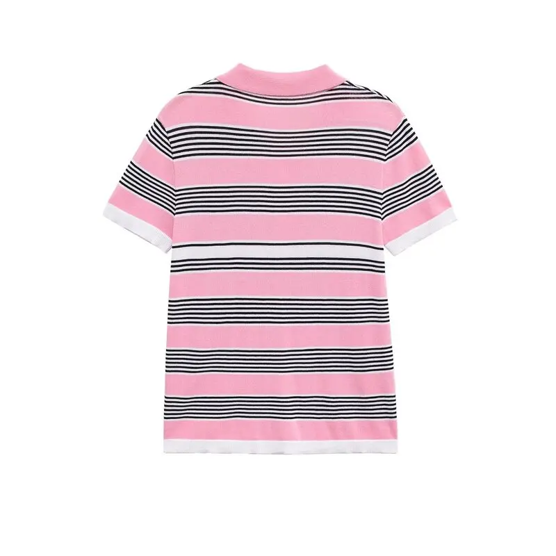 Summer New Women's Knitted Short Sleeve  Shirt Striped Upper Body Regular Fit Classic Style Commute Fashion Moisture Wicking