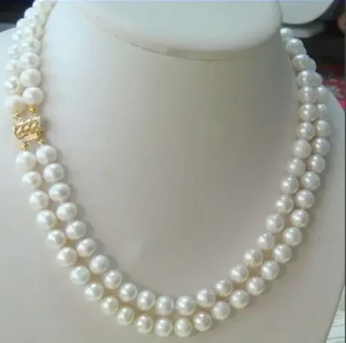 Hot sale new Style hot-2-row 8-9MM-AKOYA-REAL-WHITE-PEARL-NECKLACE14KGP-Clasp