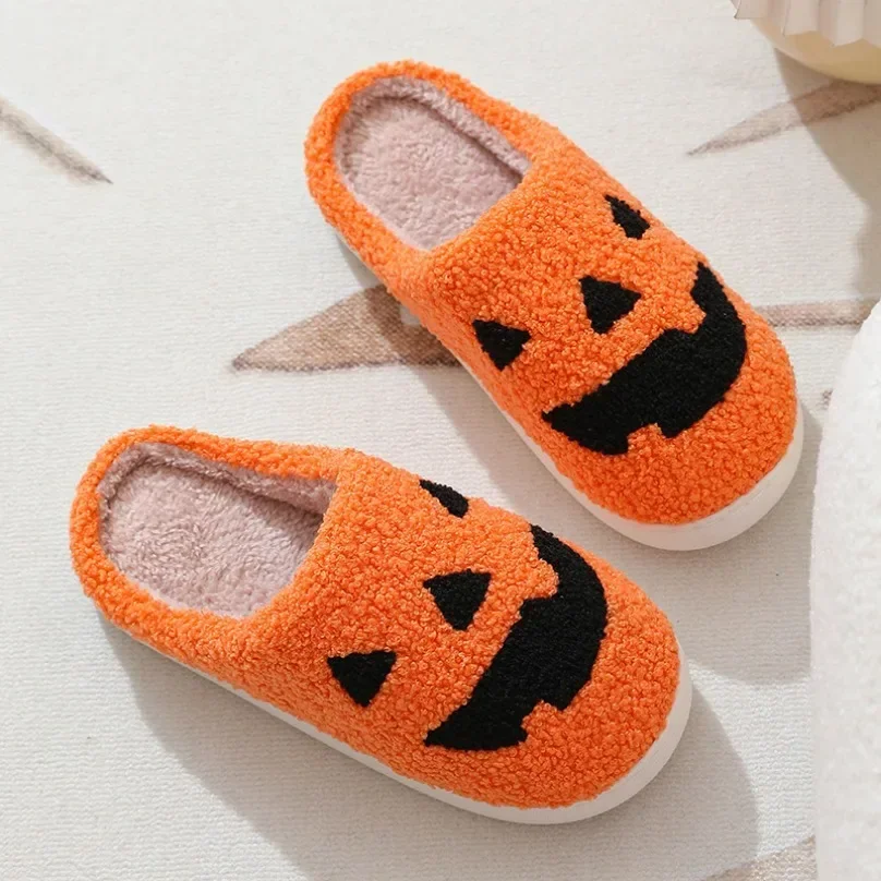 Halloween Pumpkin House Slipper Women Fuzzy Winter Warm Kawaii Plush Indoor Floor Non Slip Men Male Home Shoes Female Plaid Gift