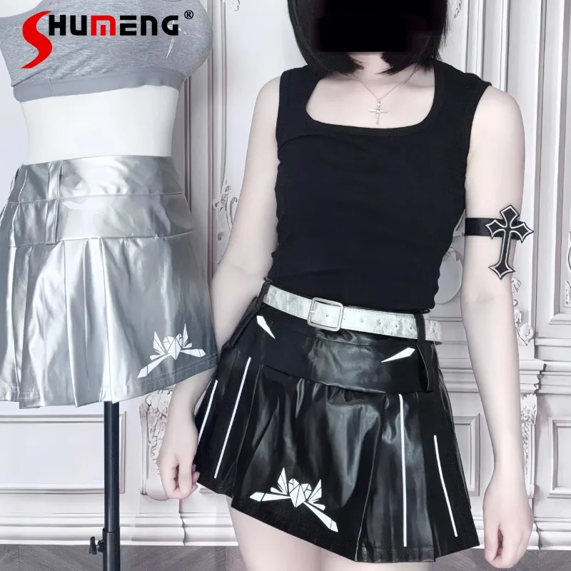 

Japanese Cool Reflective Function Style High-waisted Skirts American Rock Metal Retro Soft Girl Pleated Leather Skirt With Belt