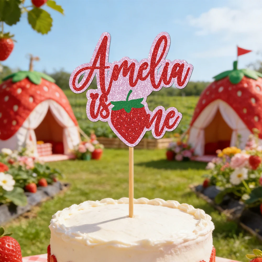 1 Stück Erdbeer-Glitzer-Cupcake-Topper, Foto-Gesichts-Kuchenstecker, glitzernde Erdbeer-Themenfahnen für Geburtstage – Detail 2