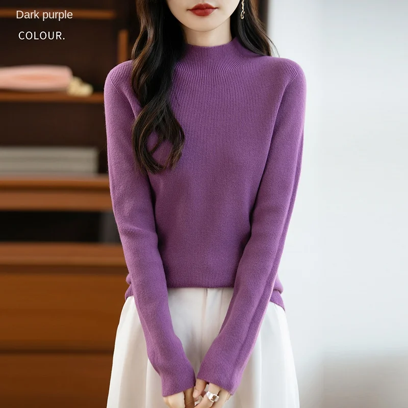 25 الخريف والشتاء جديد 100% آندي المخملية محبوك نصف الارتفاع سليم صالح رداء علوي من الصوف للنساء بأكمام طويلة الدافئة عالية تمتد