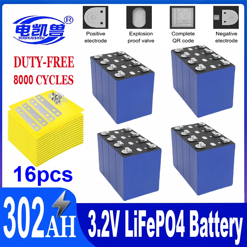 16 pcs 3.2V 302Ah Lifepo4 Battery 12V 310Ah DIY Solar Panel Power Bank 24V 48V Camping Rechargeable Spare Battery With Busbar