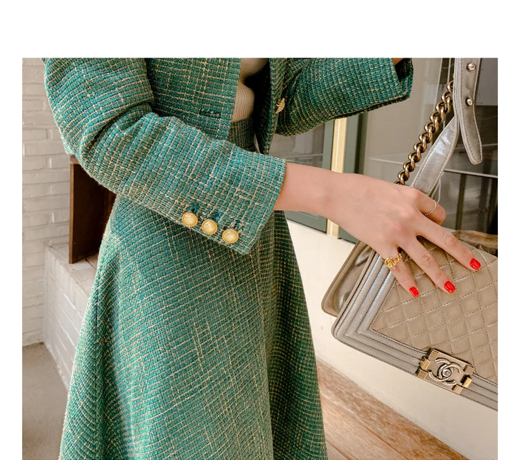 Autumn Elegant OL Green Tweed Two Piece Set Women Ruched Puff Sleeve Short Blazer + High waist A-Line Skirt Suits Office Outfit