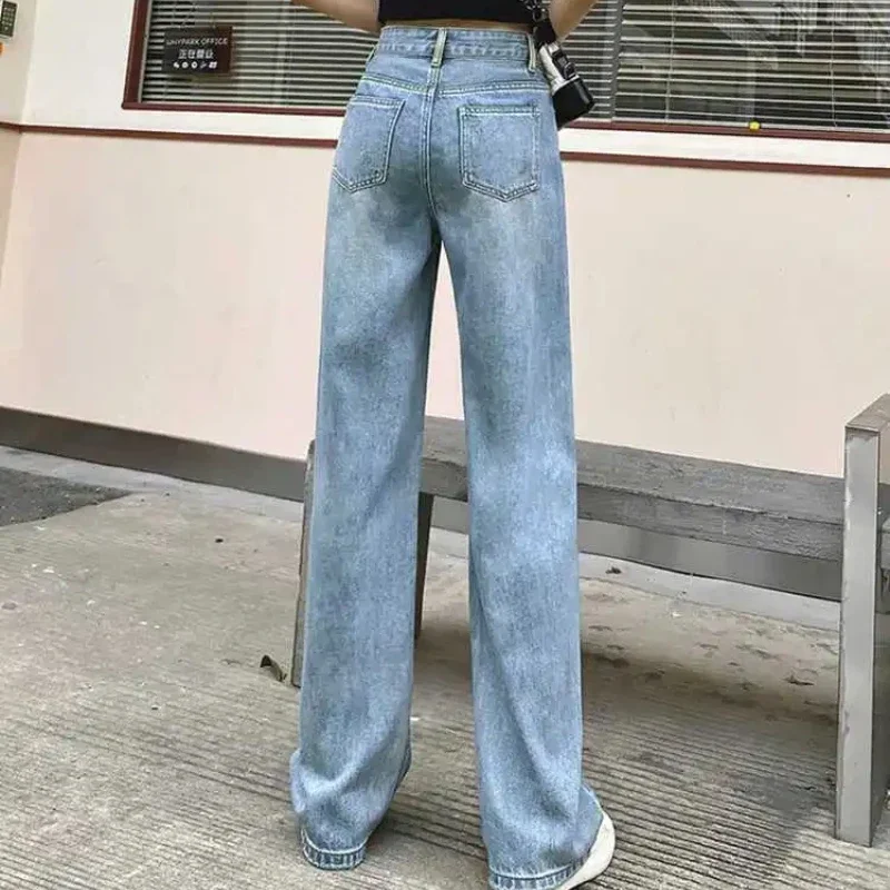 Coreia do sul calças jeans para mulheres perna reta cintura alta tiro jeans das mulheres barato retro moda calças casuais primavera adolescentes