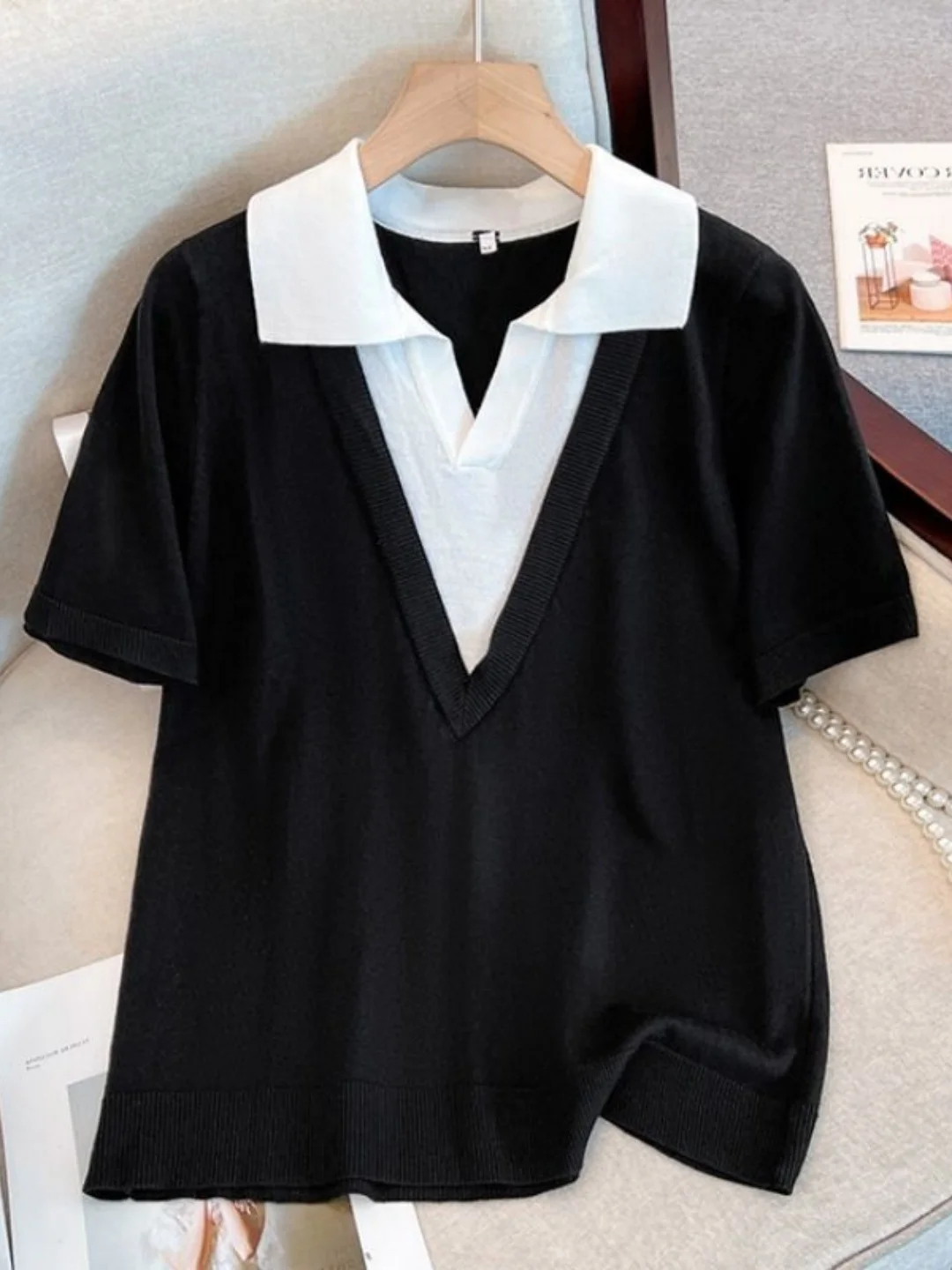 

High-End Ice Silk Knitted ort Sve V-Ne Collar Color Blo Casual Loose Fit Women's Top for Daily Wear Summer Thin