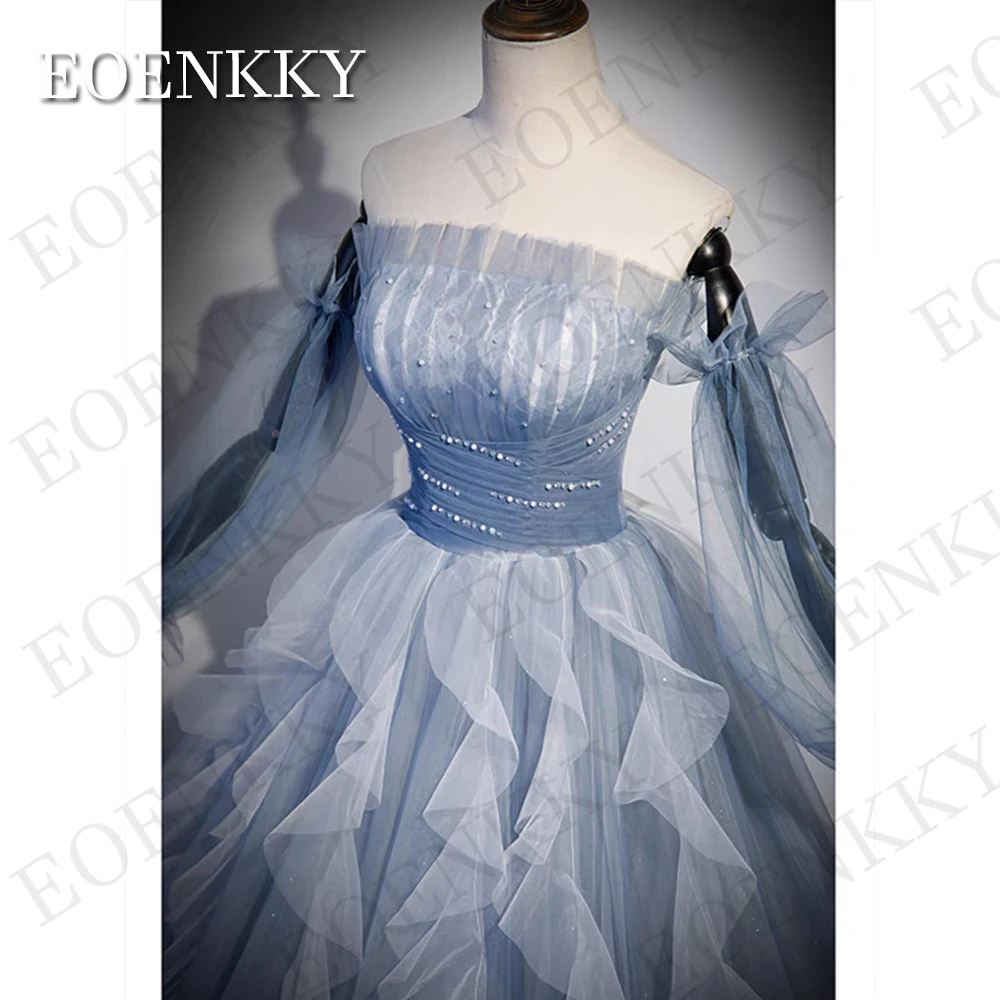 Blue Strapless Prom Dresses Korea Destacável Puff Sleeves Pérolas Fairy Ruffles A Line Long Evening Party Occasion Vestidos Vestidos de baile sem alças azuis Coreia  Vestidos de Baile com mangas bufantes removíveis e p