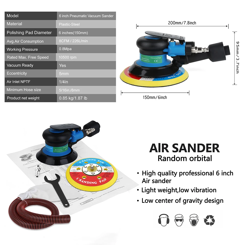 Imagem -04 - Máquina de Lixamento Pneumática de Valiantoin 125 mm 150 mm Excêntrico mm Moedor Vácuo Lixadeira Orbital Palma Polidor Pneumático