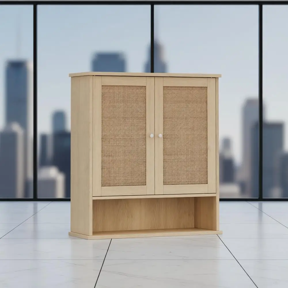 

Rattan Two Door Wall Cabinet, Wooden Medicine Cabinet, Wall Mounted Bathroom Storage Cabinet with Inner Adjustable Shelf, for Ba