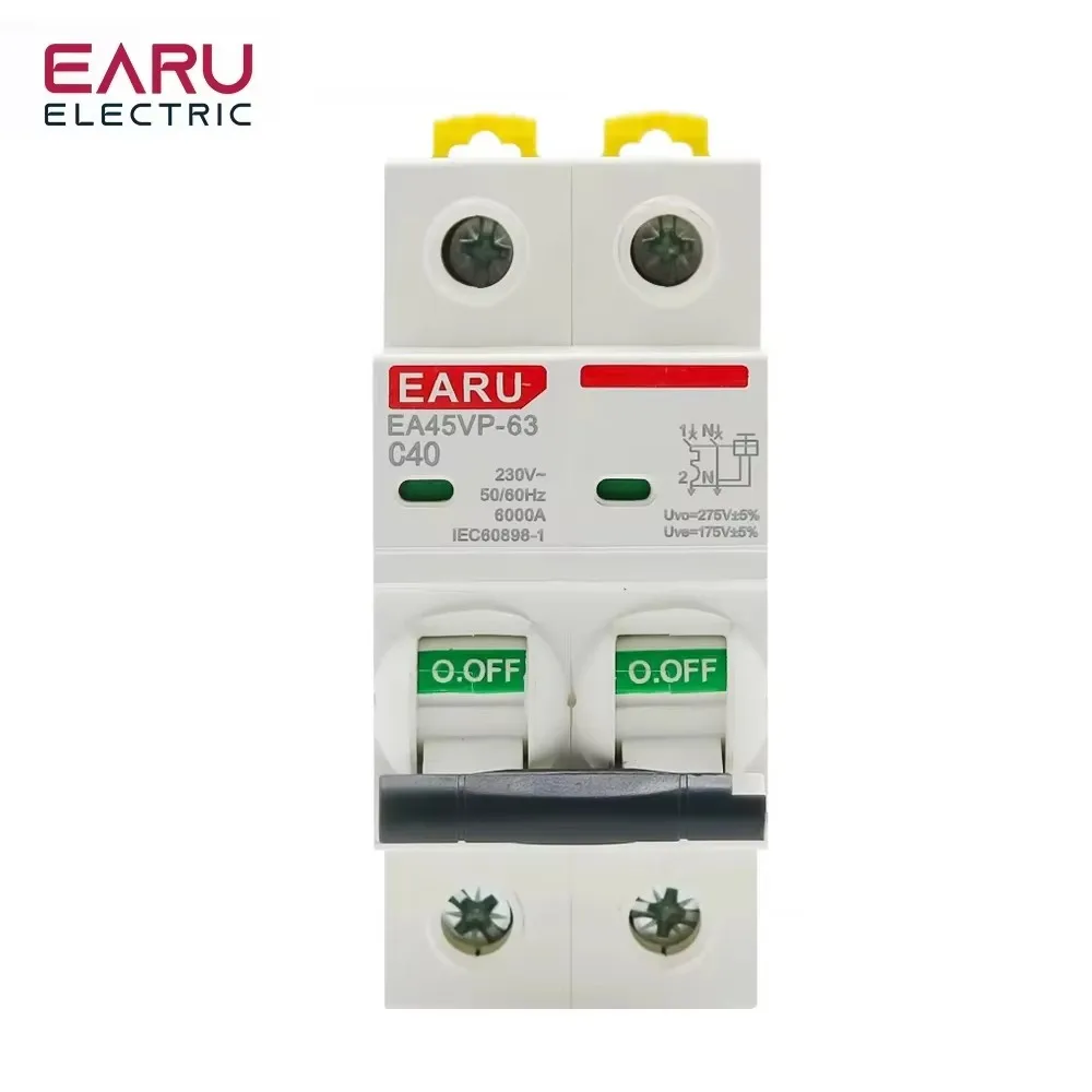 EARU 1P+N AC230V 6A-63A MCB Curve C Miniature Circuit Breaker with Short Circuit Overload Over & Under Voltage Protection Switch