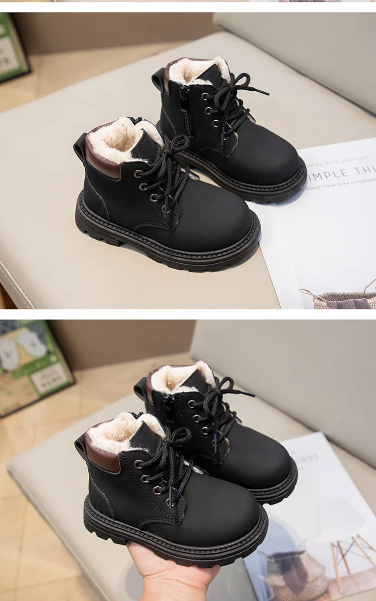 Neue Kinder-Mode-Stiefel, Winter, verdickte, rutschfeste, warme Lederstiefel für Jungen und Mädchen, seitlicher Reißverschluss, einfarbig, Freizeitschuhe für Kinder – Detail 13