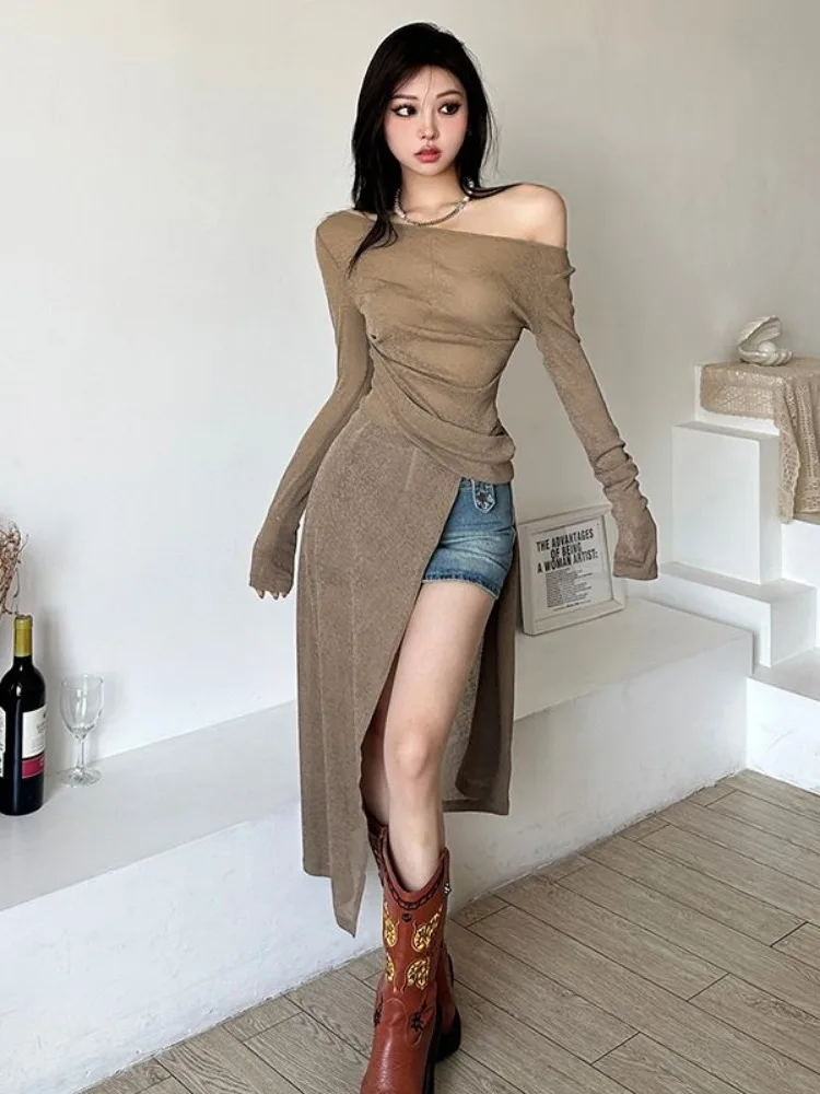 Sweet Y2k Aesthetic Slim Fit Waist Tunic Dress Harajuku Casual Irregular Vintage Dresses 2024 Women Harajuku Solid Split Vestdos