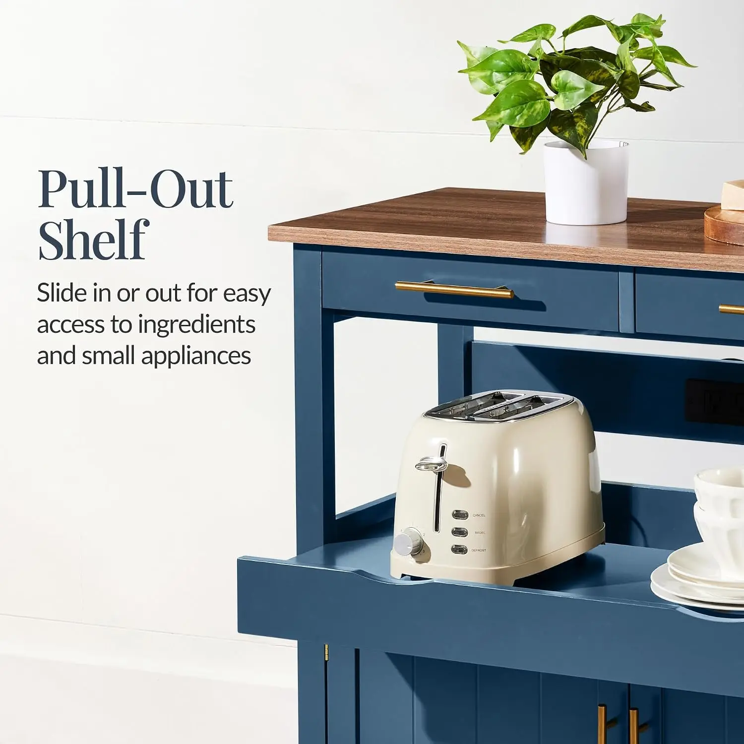 36in Rolling Kitchen Island Cart with Cabinet, Drawers, Pull-Out Shelf, Power Outlet, Hooks & Lockable Wheels, Customized