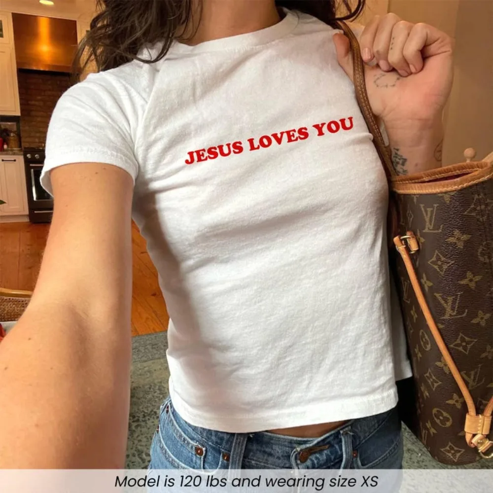

Jesus Loves You Baby Tee Christian Kindness Y2K Women's Shirt Positive Religious Retro 90s 2000s Baby Tee Faith Gift for Her