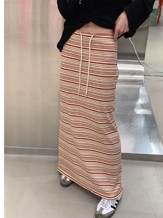 Spring New Arrival Women's Gentle Stripe Drapey Midi Skirt Fashionable Design Versatile Long Skirt Korean Style Commute