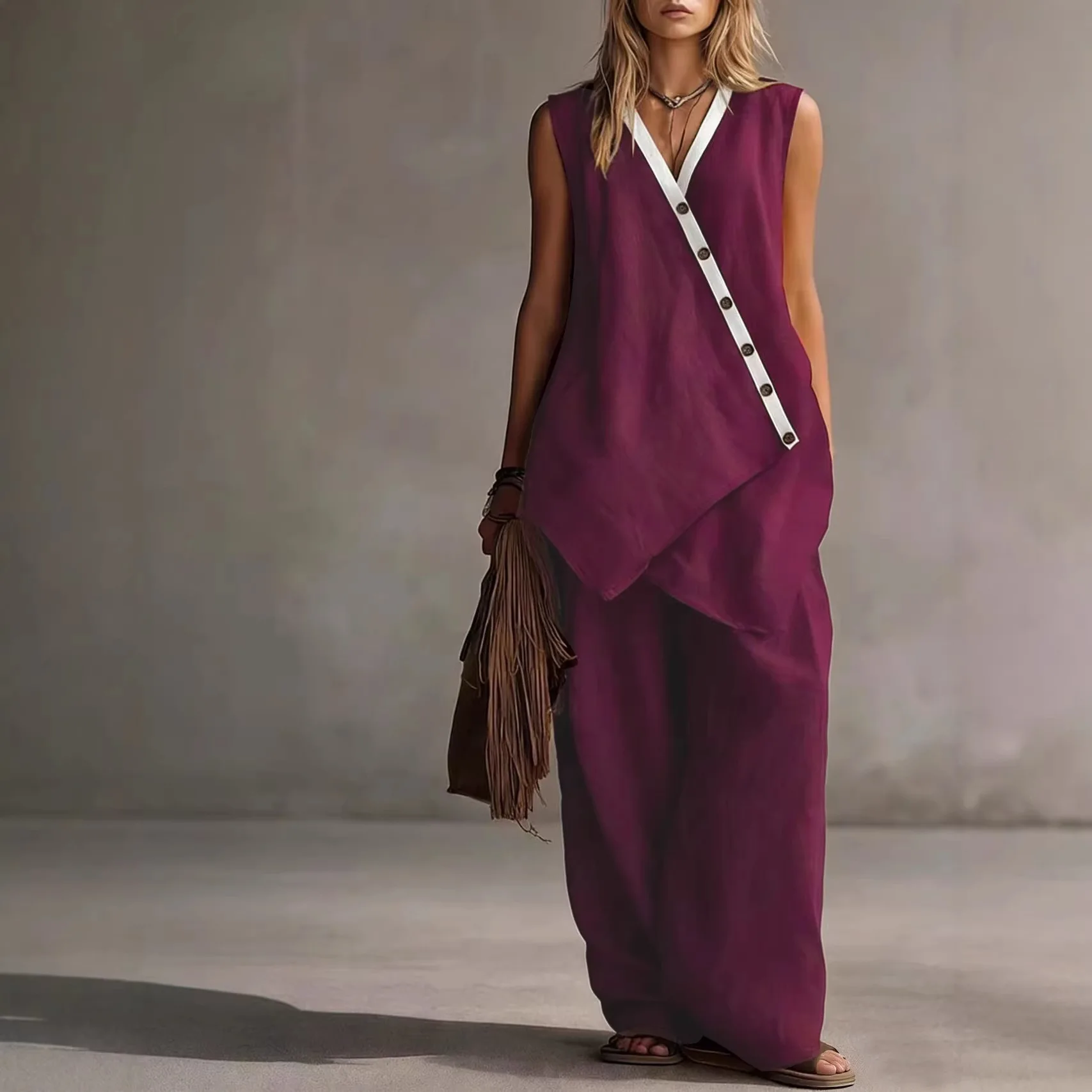 Diagonal Breasted Sleeveless Irregular Solid Color Button Vest Top High Waist Wide Leg Pants Women's 2026 Commuting Elegant Suit