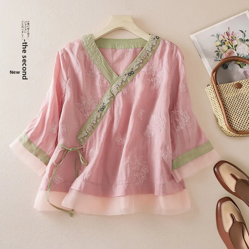 Retro Chinese Cotton Linen Embroidered irt Women Summer Ogeen Splicing Oblique Sve Tea Costume Top Straight Cut Regular ...