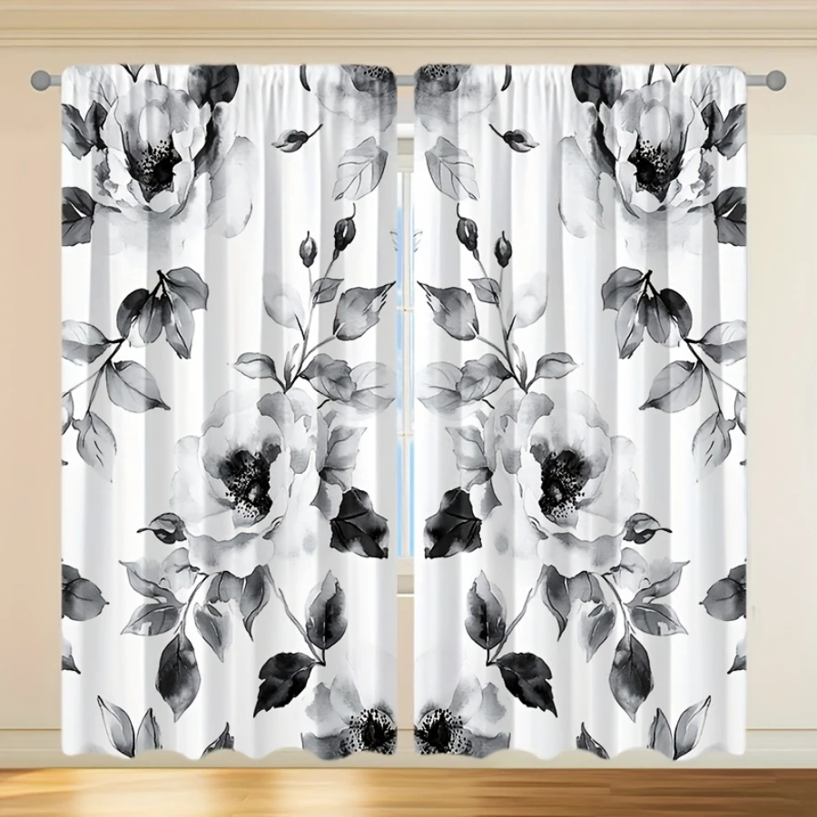2PCS Digital Printed Curtains, Chinese Ink Mountain Flower Oriental Art, Modern Home Decor Style for Living Room Bedroom Decor