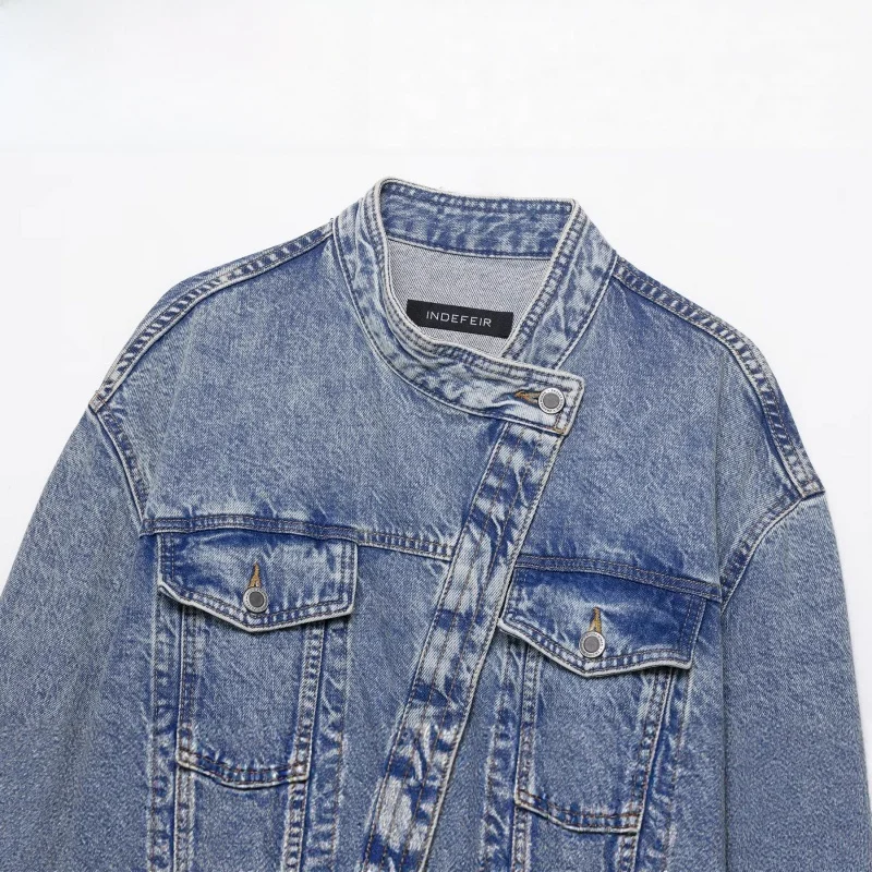 

Casual Loose Double Breasted Denim Jaet Women's Faion Autumn New Sle ort Outerwear round Ne Long Sve Ladies Coat