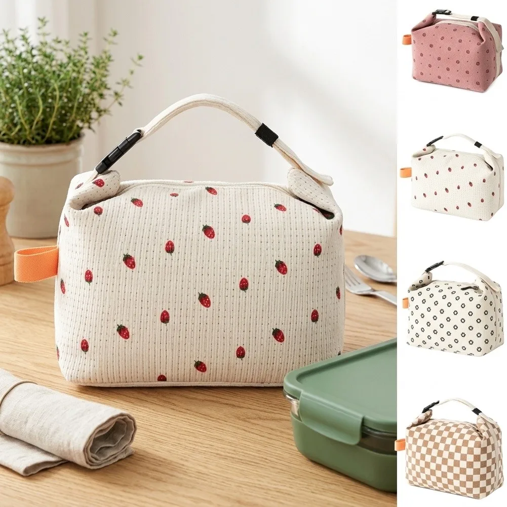 Insulated Cooler Tote Leakproof Thermal Lunch Bag for Work Travel Outdoor Use 24 22 14cm Corduroy Strawberries Color Design
