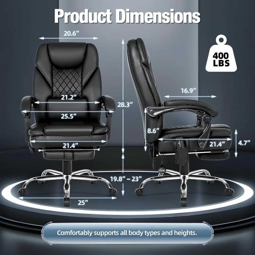 كرسي مكتب جلدي مريح عالي الظهر مع مسند للقدمين، اهتزاز 4 نقاط وتدليك حراري للراحة التنفيذية