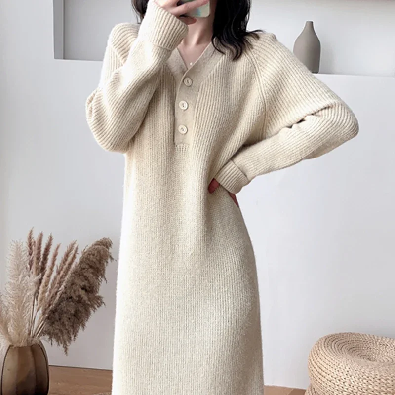 

Apricot V-neck Long Knitting Dress Women Single-breasted Autumn Loose Sweater Dress Winter Harajuku Chic Woolen Clothing