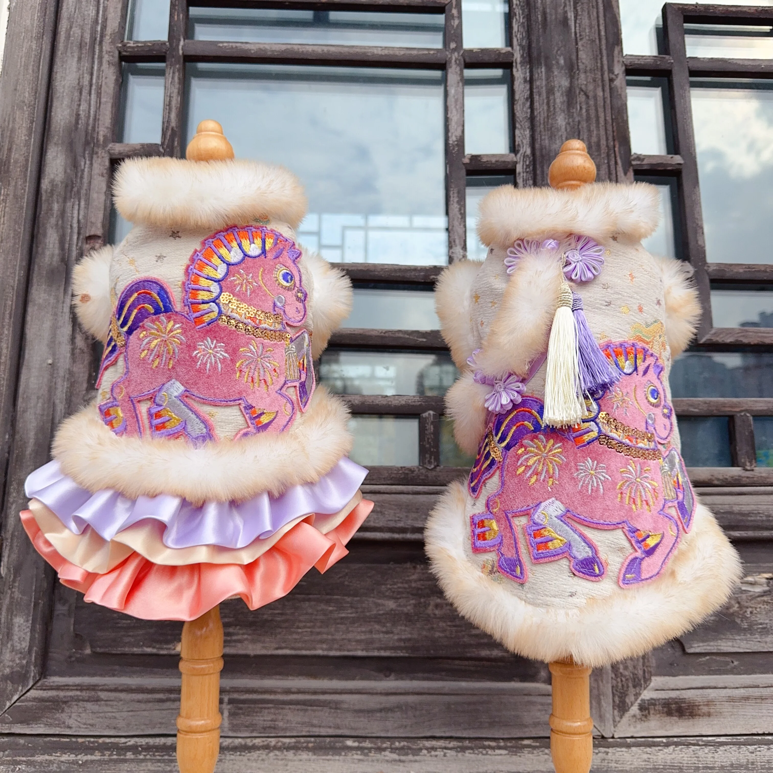 

2026 New Yearl Pet Dog Clothes Fine Handmade Cute Animal Horse Embroidery Print Coat Dress For Small Medium Dog Puppy Outfits