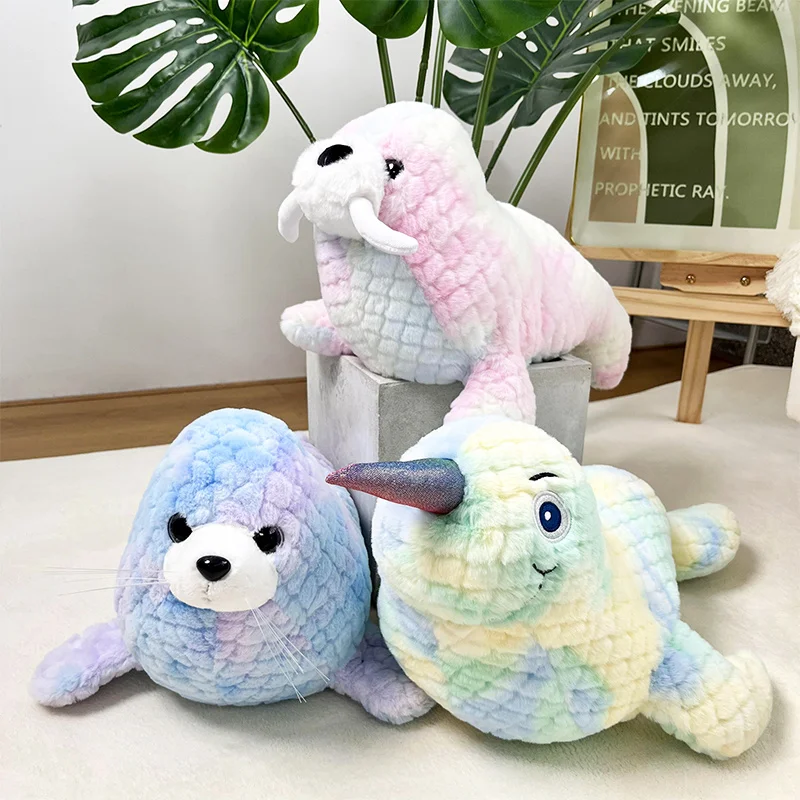 Simulation Colourful Seal Walrus Plush Toys Soft Stuffed Sea Wild Animal Sea Whale Doll Appease Pillow for Kid Gifts Home Decor